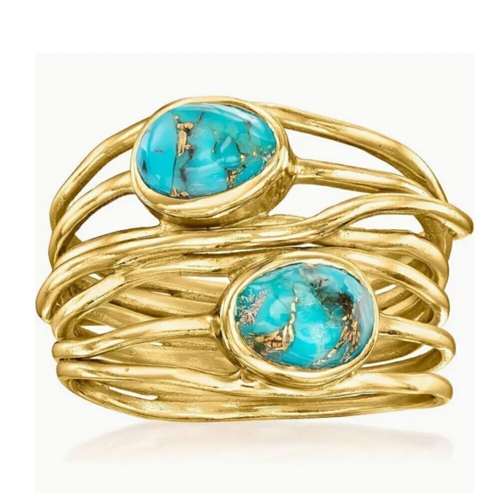 18K Gold-Plated Synthetic Turquoise Ring, Wide Crossed Design, size 7